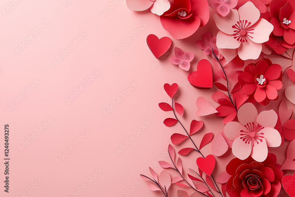 Poster paper cut-style red flowers and heart shapes arranged on soft pink background – elegant flat lay des