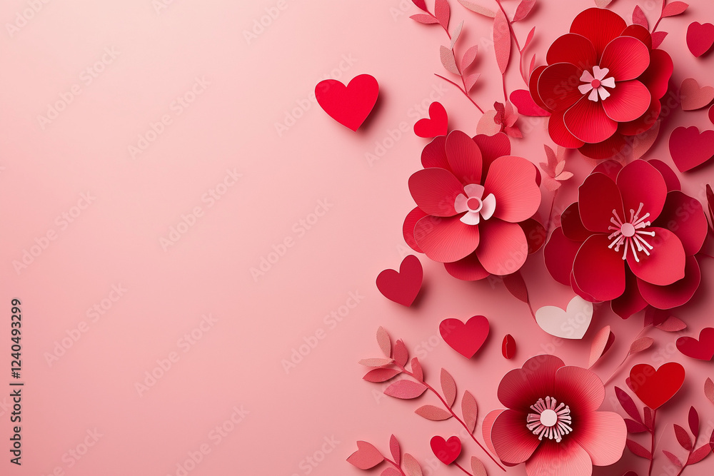 Poster paper cut-style red flowers and heart shapes arranged on soft pink background – elegant flat lay des