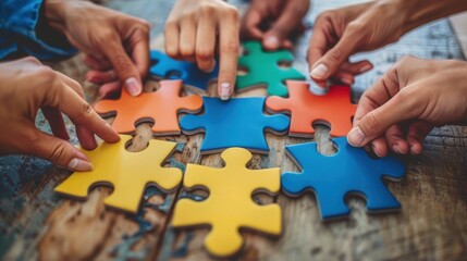 Group of Diverse Hands Assembling Colorful Puzzle Pieces on Rustic Wooden Table, Symbolizing Teamwork, Collaboration, and Problem Solving in a Creative Environment