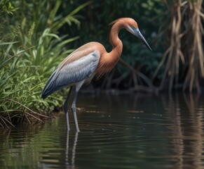 Naklejka premium Reddish egret stretches its long neck to scan water, reddish egret, wetlands, bird