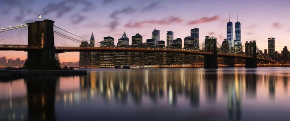 Reflections of the Brooklyn Bridge and Manhattan skyline in calm waters of East River at dusk, reflection, natural light effects