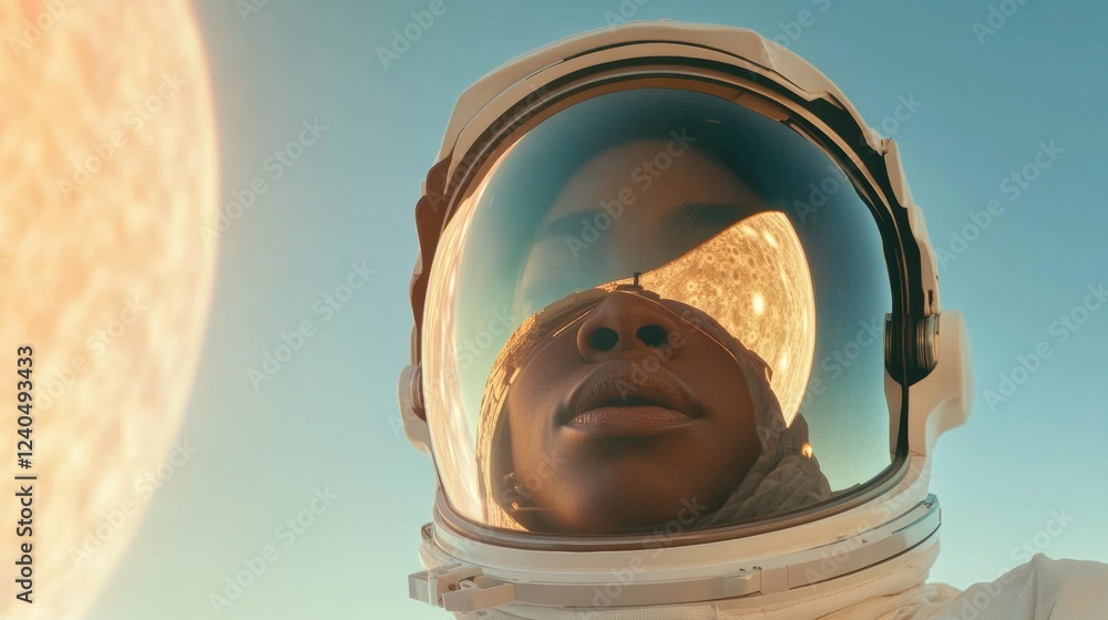 Poster cosmic odyssey afro-futuristic astronaut with reflective visor near jupiter - advanced astrophysical