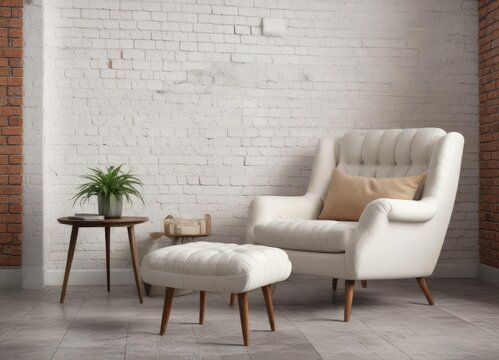Retro style armchair with footstool against white brick wall interior, home decor, classic