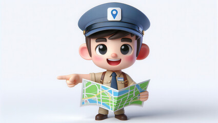 Friendly cartoon character giving directions with map urban setting 3d illustration