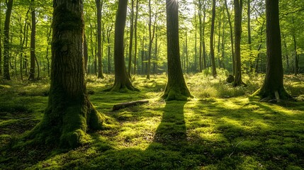 Obraz premium Lush green forest with sunlight filtering through trees, tranquil natural setting, perfect for meditation or nature walks.