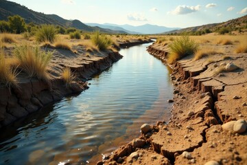 Riverbank cracked and fissured with parched vegetation, arid climate, plant life