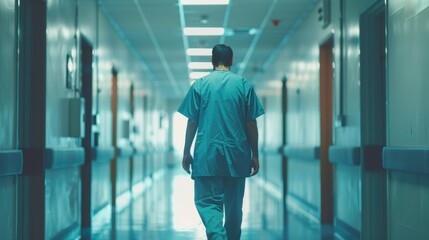 Male healthcare professional in scrubs walking down a hospital corridor with bright lighting and a sense of solitude and dedication to patient care