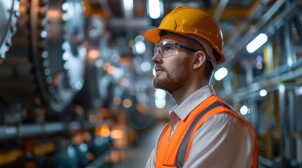 Young male engineer wearing safety gear in industrial setting, thoughtful expression while examining machinery and equipment in modern manufacturing facility