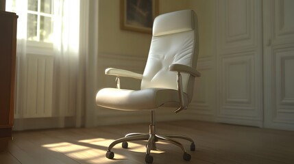 Elegant White Leather Office Chair in Sunlit Room