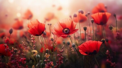 A beautiful field of red poppies is bathed in sunlight, creating a serene and peaceful atmosphere. The bright red flowers are scattered throughout the field