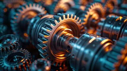 Intricate Close-Up of Metallic Gears and Cogs in an Industrial Setting with Vivid Lighting and Detailed Textures, Illustrating Engineering Precision