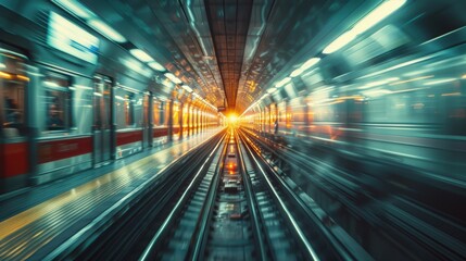 Fototapeta premium Dynamic Motion of a Subway Train Approaching Station with Vibrant Light Effects and Blurred Lines Capturing Urban Transit Energy