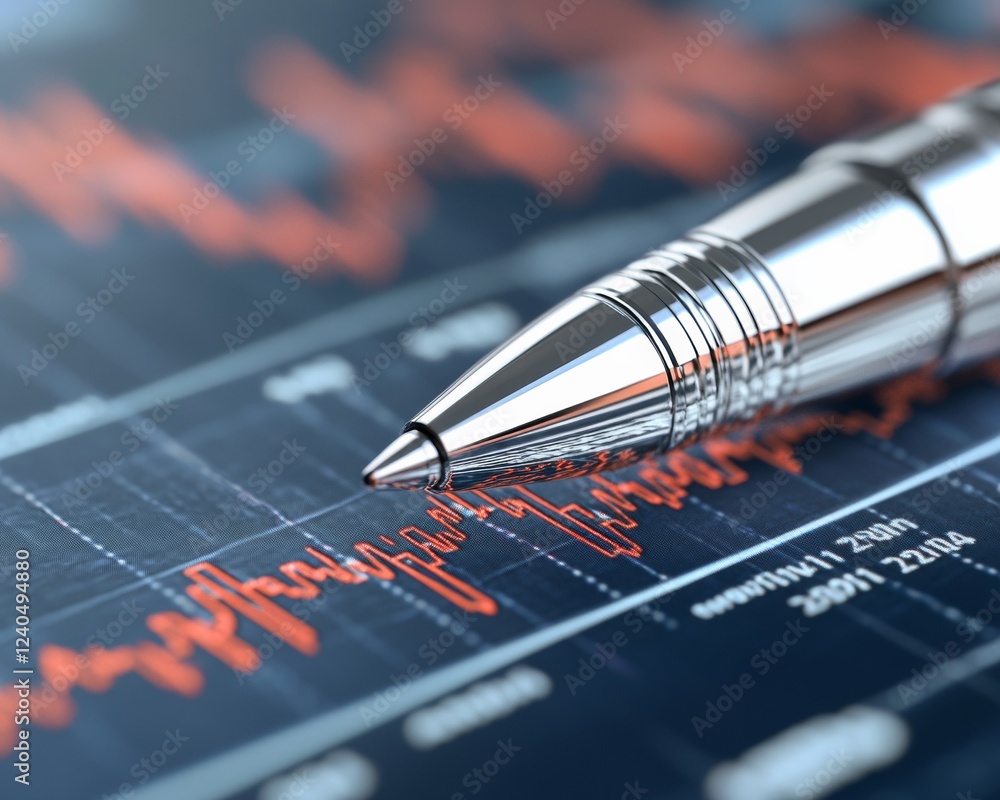 Poster modern corporate analysis reflective silver pen on financial report with stock data - enhancing busi