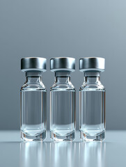 Three clear glass vials with silver caps aligned in a row.