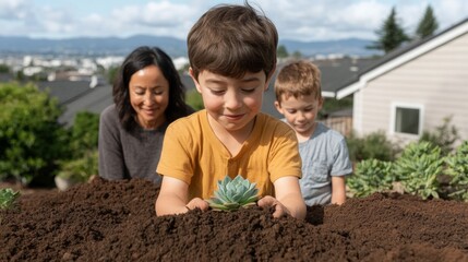 Sustainable Family Living Diverse Ages Planting Drought-Tolerant Succulents in Eco-Friendly Fire-Resistant Garden with Fiber Cement Home