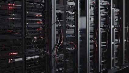 Data center server racks, network cables,  digital infrastructure, background technology. Use Tech website
