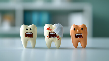 Cartoon teeth with cracks wearing bandages dental clinic 3d animation colorful environment close-up view oral health concept