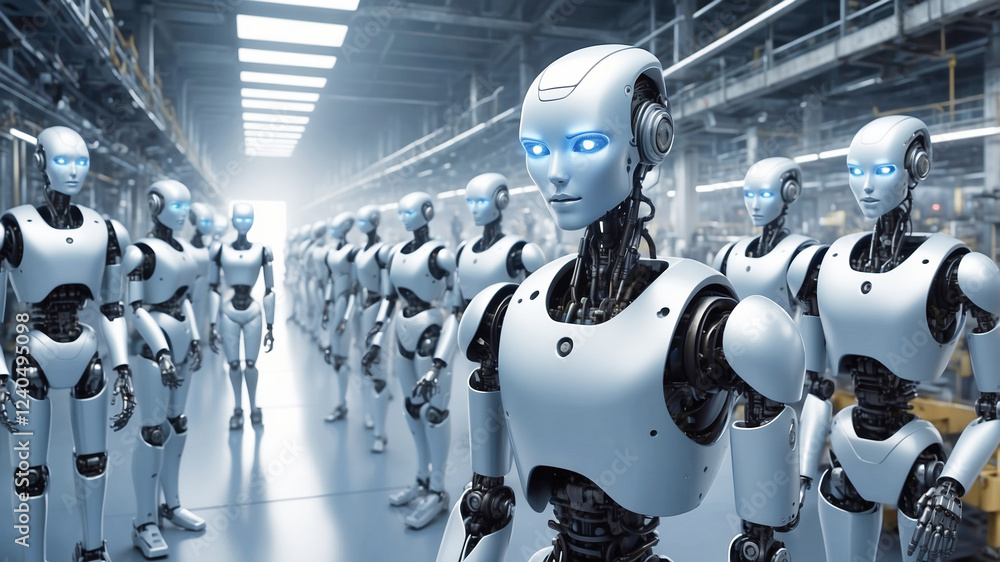 Poster futuristic sci-fi image depicting a row of humanoid robots in a factory