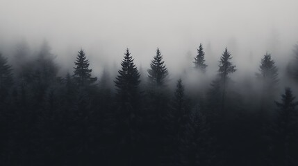 Misty forest landscape with dark silhouettes of pine trees.