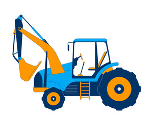 Excavator side view 2D cartoon object. Cabin, digging arm vehicle and tires. Industrial equipment. Heavy machinery isolated element flat vector clipart on white background. Spot illustration