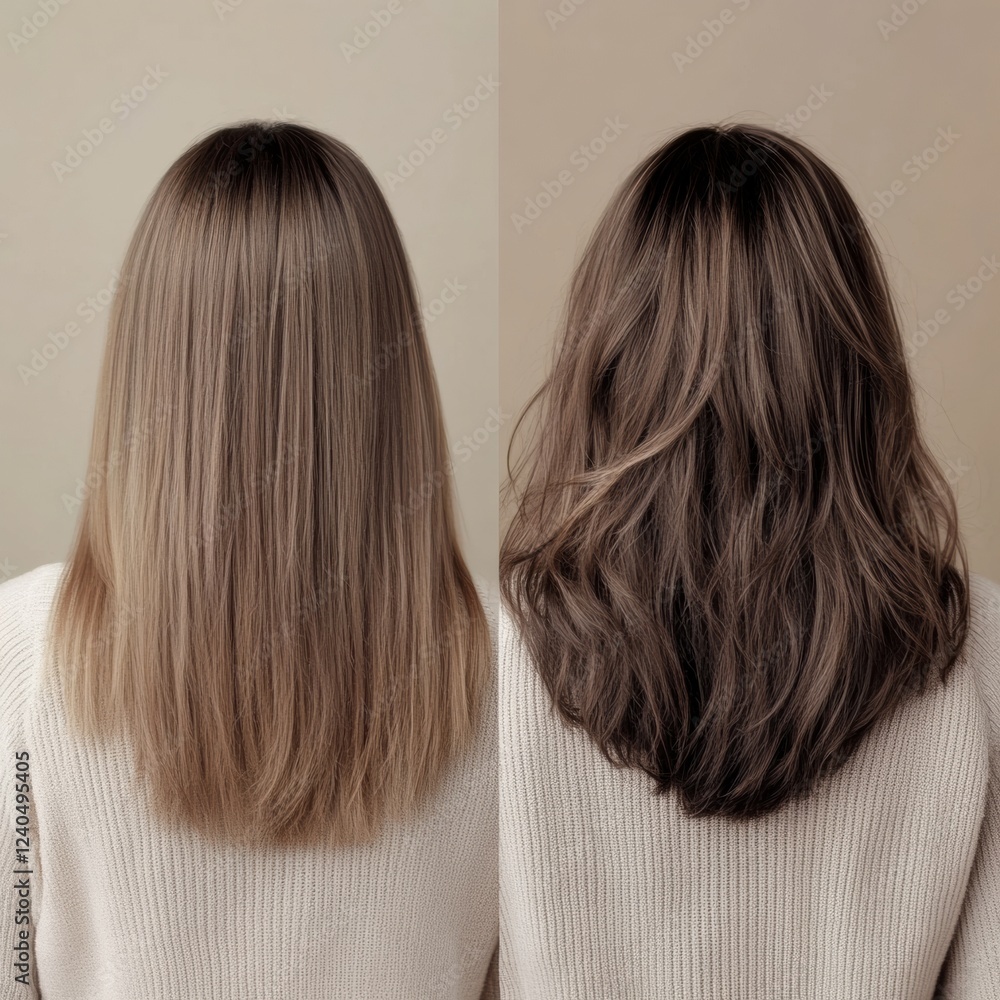 Poster transformation of hair from thin and flat to thick and voluminous in a simple before and after compa