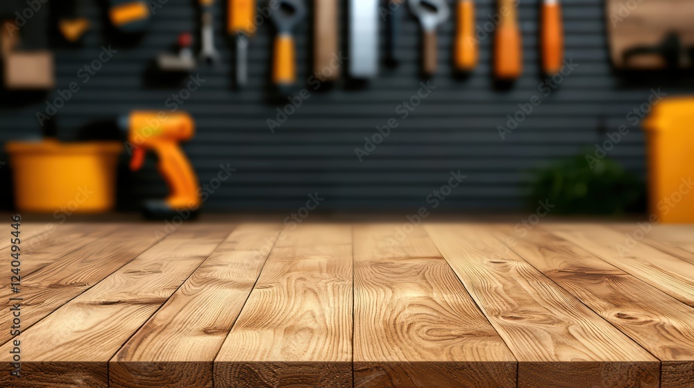 Aufkleber wooden surface with tools in background for workshop setting