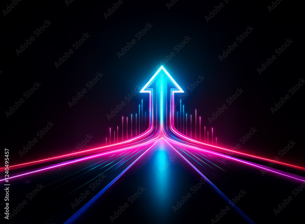 Poster glowing neon arrow points upward, signifying growth and progress. two vibrant trails converge, symbo