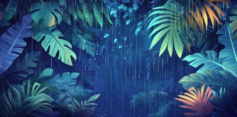 Obraz premium Tropical Rainforest Scene Underneath a Night Rain