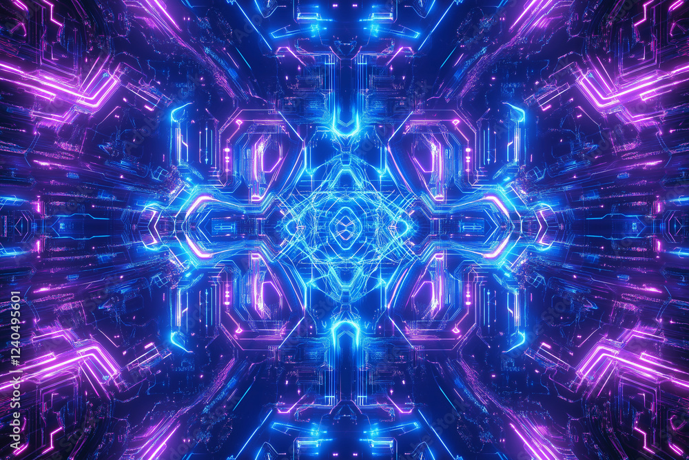 Poster futuristic abstract technology background featuring digital circuit patterns, glowing blue and purpl