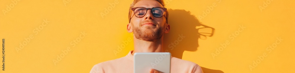 Poster Vibrant Workflow Integration Tech-Savvy Professional in Minimalist Attire with Tablet on Bright Background - Modern Business Innovation and Digital Efficiency in Office Environments