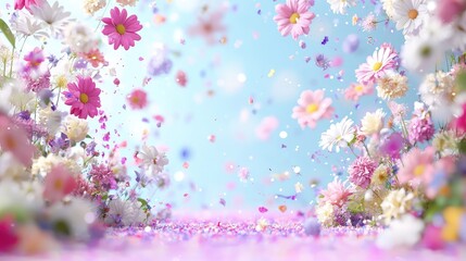 Falling flowers, pink background, spring, celebration, floral design