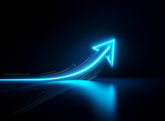 Glowing blue neon arrow ascends on dark reflective surface, symbolizing growth and progress.  Dynamic lines suggest speed and innovation.