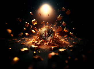 A golden bitcoin explodes amidst a shower of fragmented gold,  illuminated by a dramatic spotlight.  The scene evokes themes of wealth, cryptocurrency, and volatility.