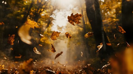 Fototapeta premium Autumn Leaves Falling in Forest Magical Scene