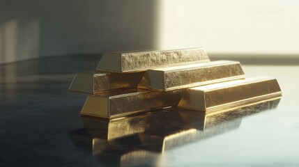3D-rendered gold bars on a reflective surface, symbolizing wealth and investment. 
