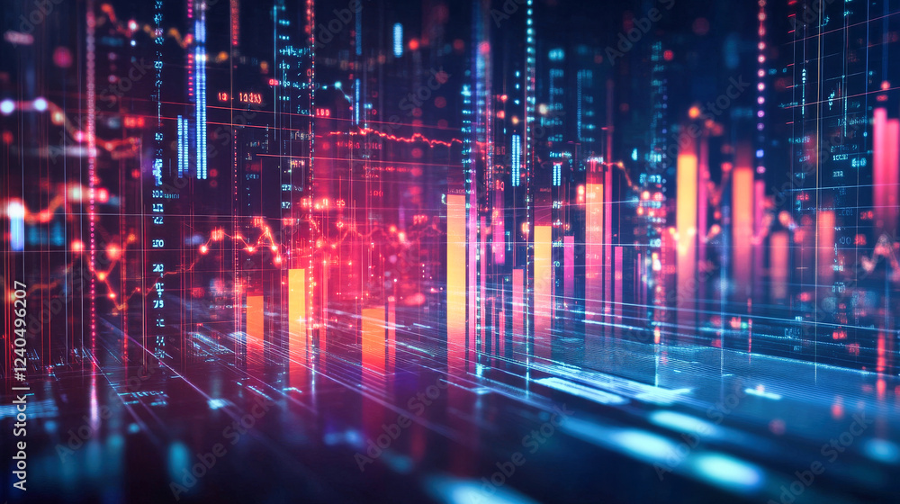 Poster abstract financial background with glowing stock charts and bar graphs