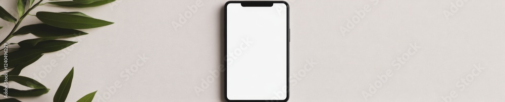 Fototapete minimalist smartphone mockup on white surface with greenery sleek digital interface design for tech 