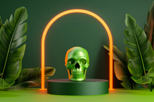 Green Skull with Neon Light on Podium - Ideal for Halloween party promotions and spooky themed events