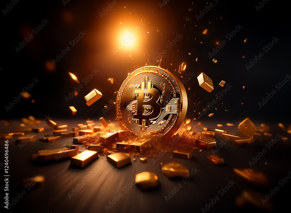 Poster A golden bitcoin crashes through gold bars,  creating a dramatic explosion of light and fragments.  The scene is dark, emphasizing the bitcoin's impact.