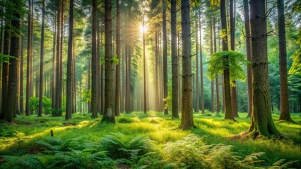 Obraz premium serene and peaceful atmosphere of a forest with tall trees and overgrown undergrowth, outdoors, undergrowth, forest, wilderness, greenery