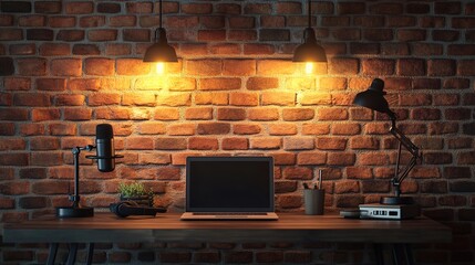 Black microphone on a wooden table with a laptop and headphones in the background.