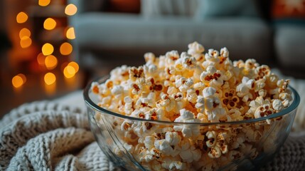 Cozy Evening Snack with Freshly Made Popcorn in a Glass Bowl Surrounded by Soft Throws and Blurred Lights in the Background for a Warm Atmosphere