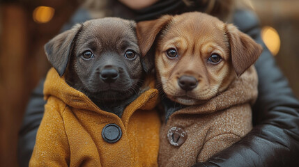 Celebrate National Puppy Day with adorable puppies in cozy jackets sharing warmth and joy with their loving companion