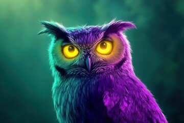 A neon owl with glowing yellow eyes and vibrant purple feathers, set against a gradient forest-green background for a nocturnal ambiance.