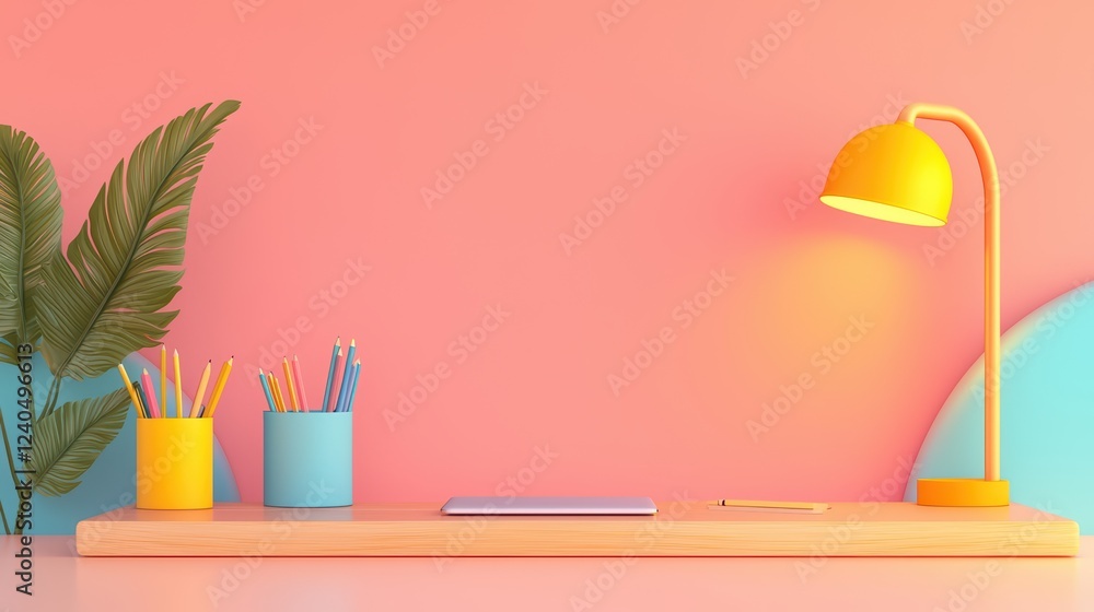 Poster bright and colorful desk setup with stylish lamp and decor elements