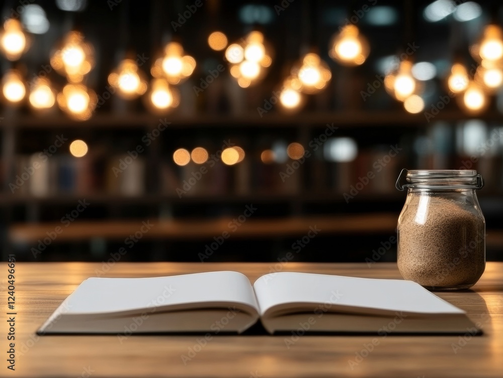 Poster scandinavian reading nook open book on rustic wood with soft glow lighting - cozy interior branding 
