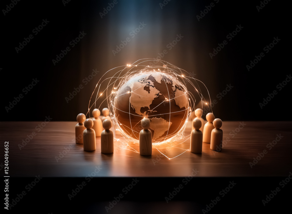Poster glowing earth encircled by a network of connections, surrounded by small wooden figures on a dark wo