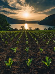 Lush Green Agricultural Field at Sunrise