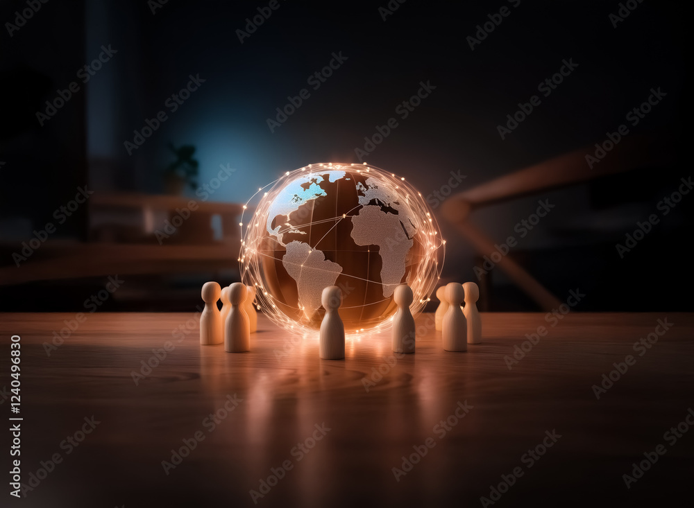 Poster glowing digital world encircled by wooden figures on a table, symbolizing global connection and comm
