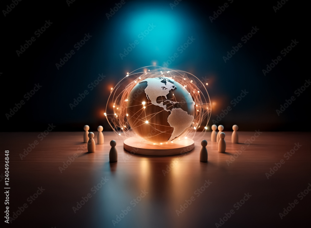 Aufkleber A glowing Earth encircled by a network of connections, surrounded by small figures on a reflective surface, symbolizes global networking and interconnectedness.